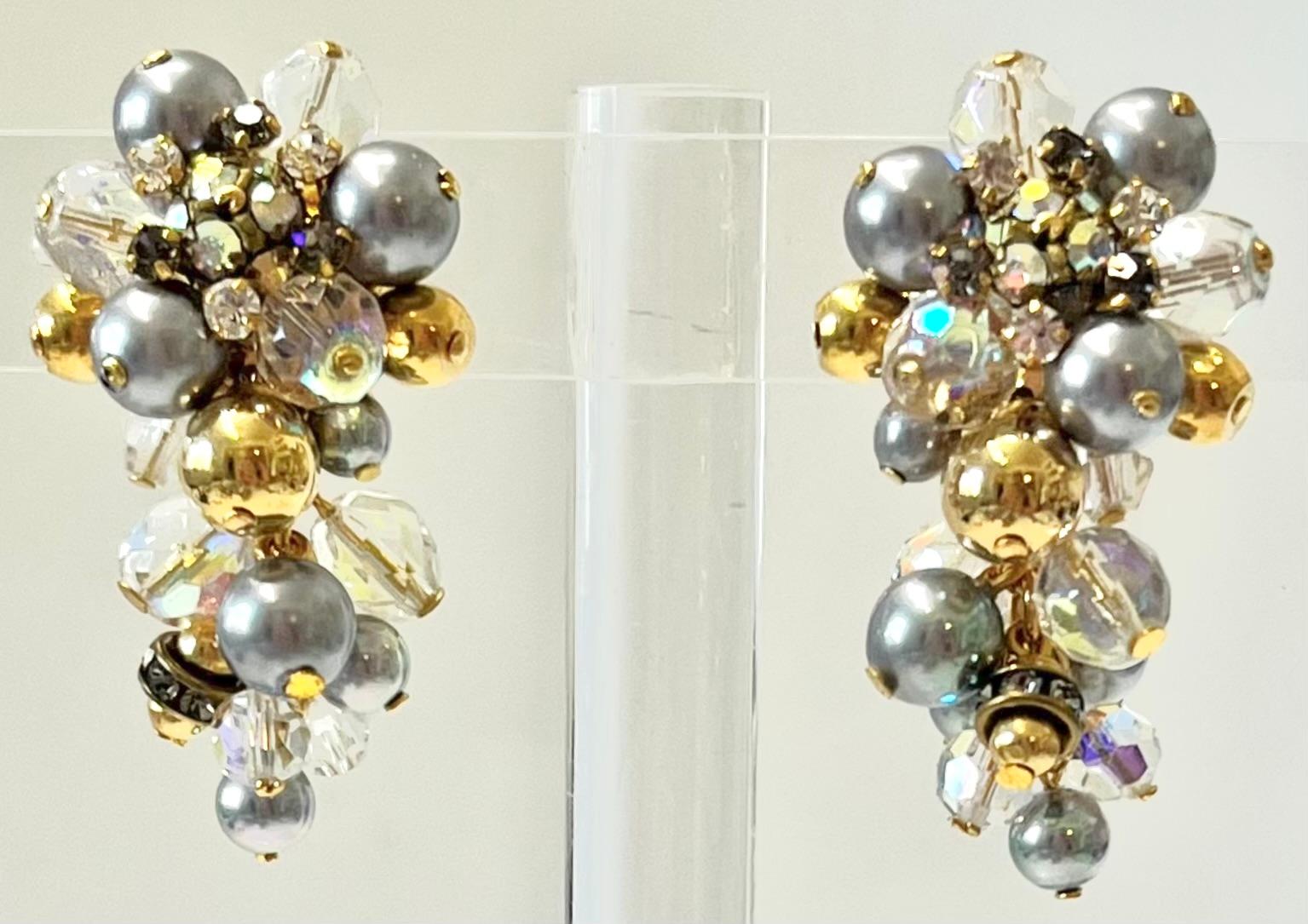 Francoise Montague Grey , Clear and Gold Glass Beads Clip Earrings 1