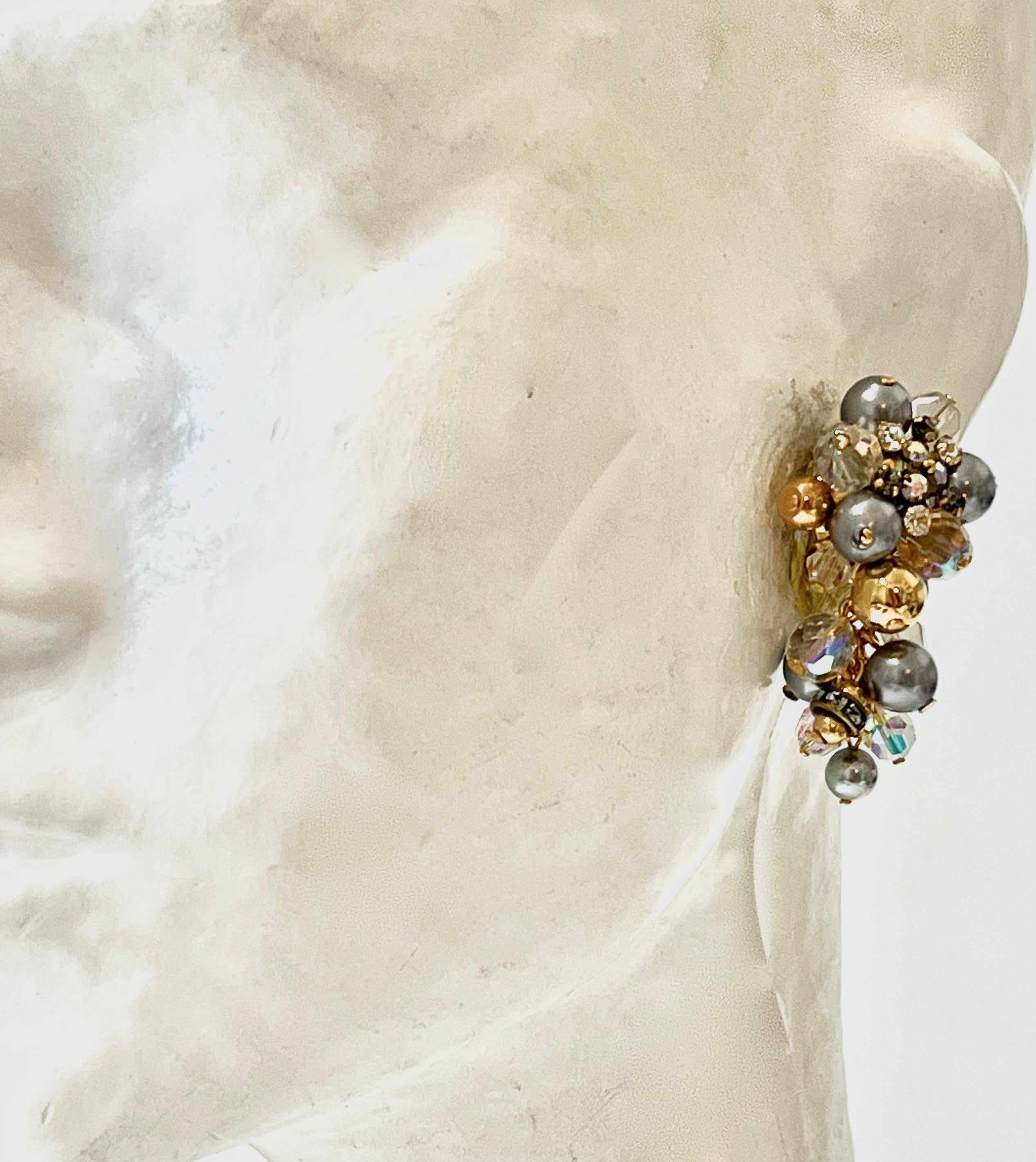 Francoise Montague Grey , Clear and Gold Glass Beads Clip Earrings 2
