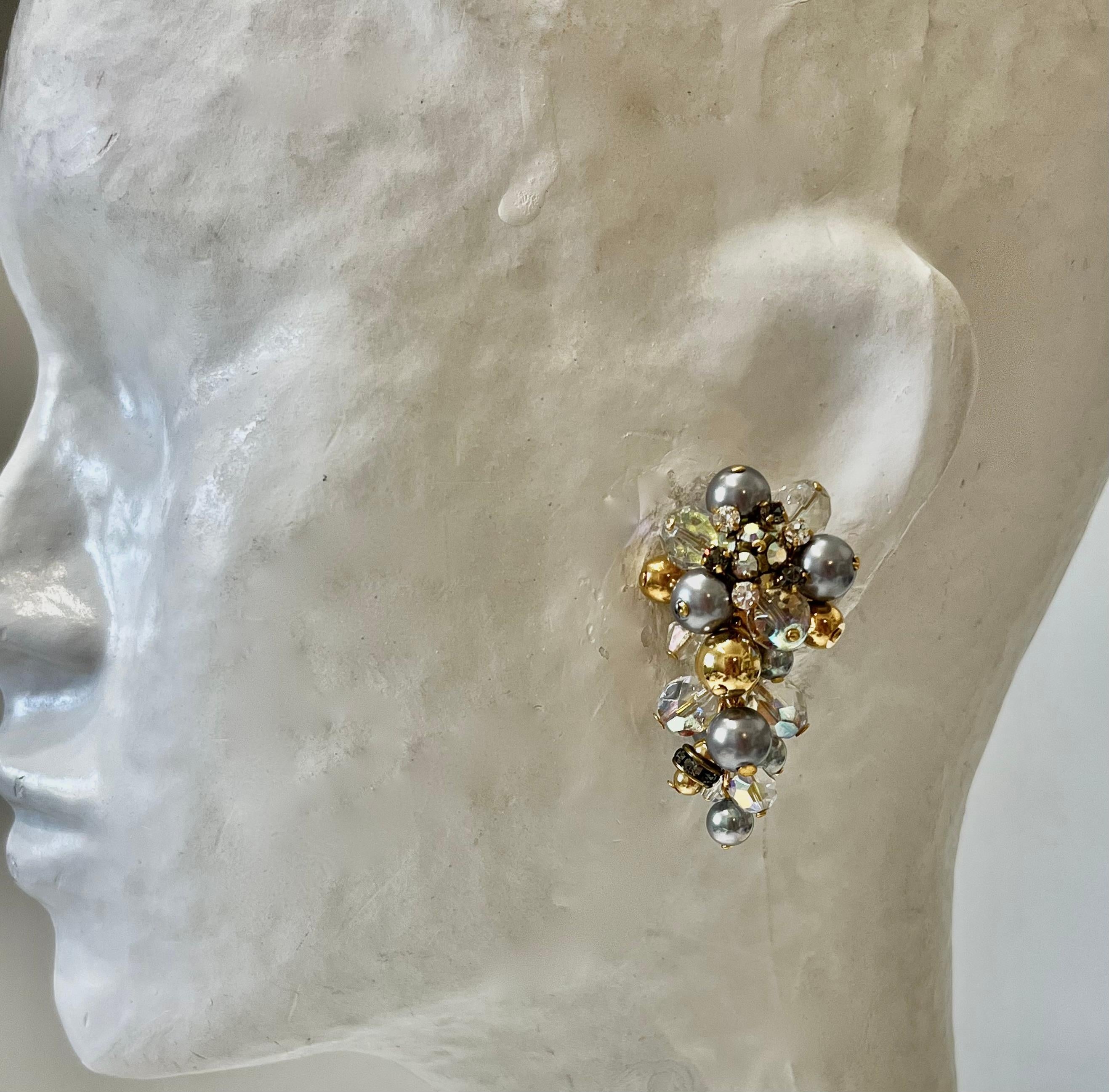 Francoise Montague Grey , Clear and Gold Glass Beads Clip Earrings 4