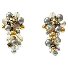 Francoise Montague Grey , Clear and Gold Glass Beads Clip Earrings