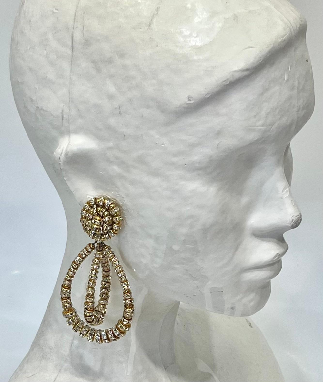 Modern Francoise Montague Large  Crystal on Gold Clip Earrings For Sale