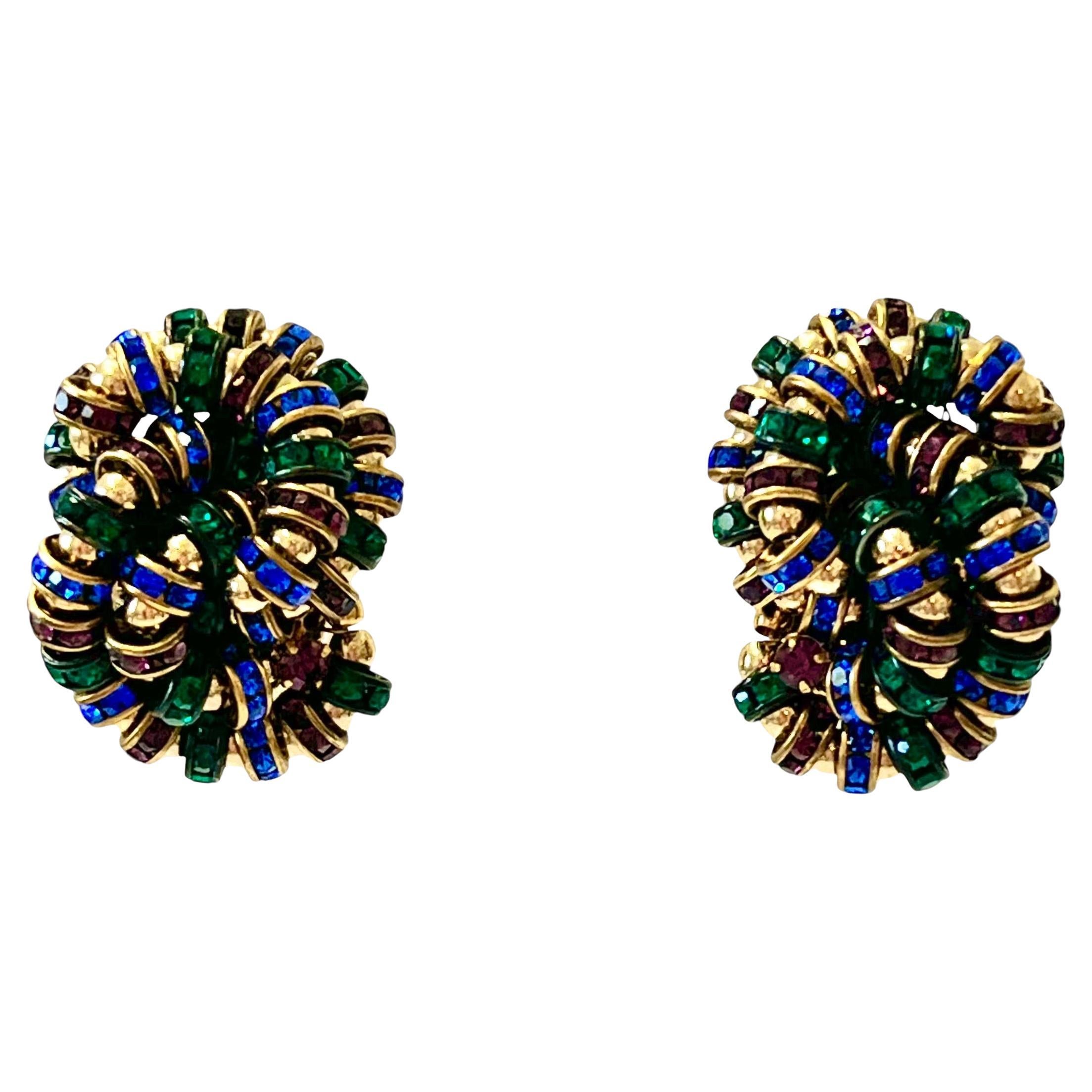 Francoise Montague large Knott Clip Earrings in Blue, Green and Purple For Sale