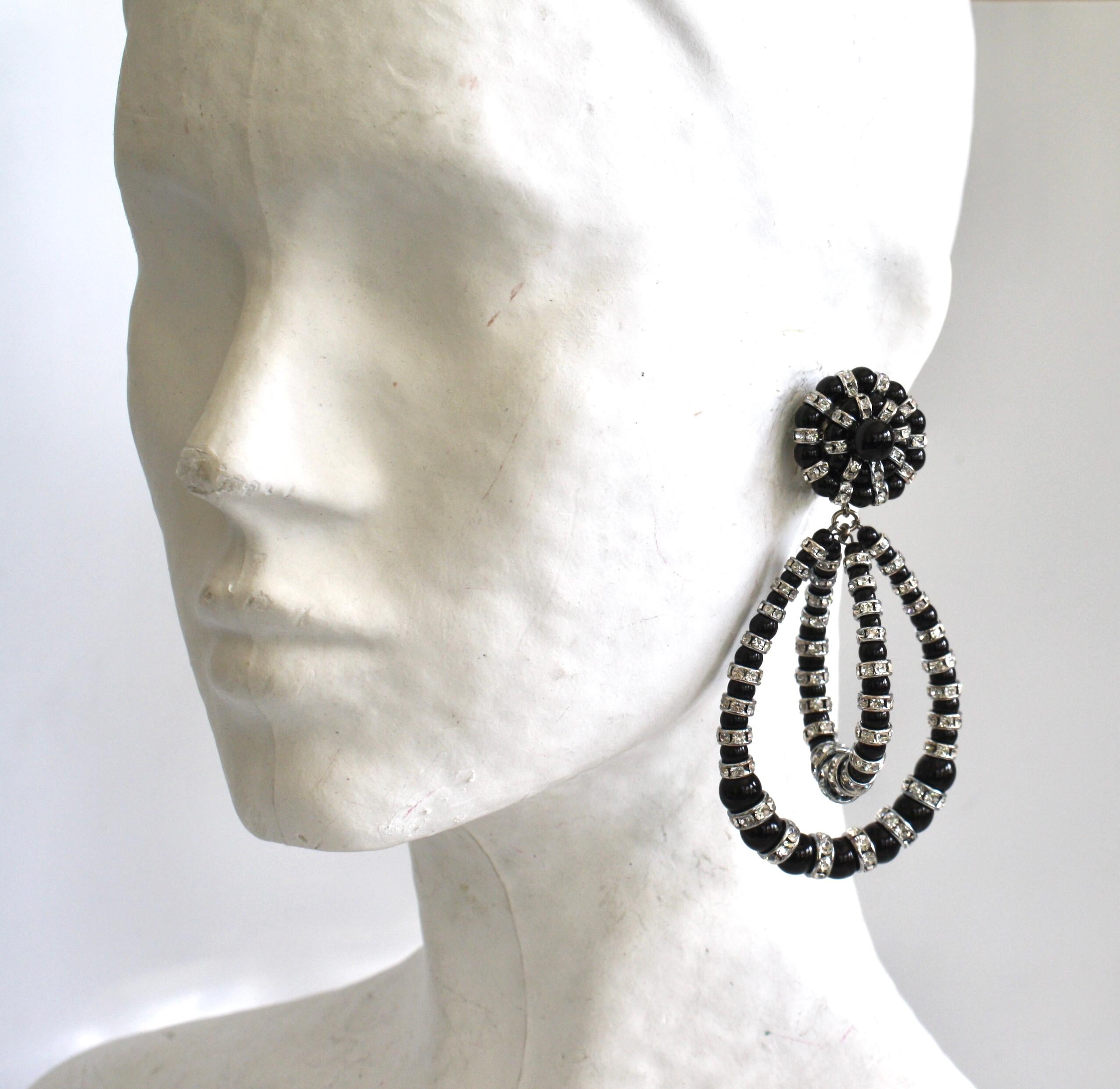 Francoise Montague Large Lolita Black and Crystal Clip Earrings In New Condition In Virginia Beach, VA