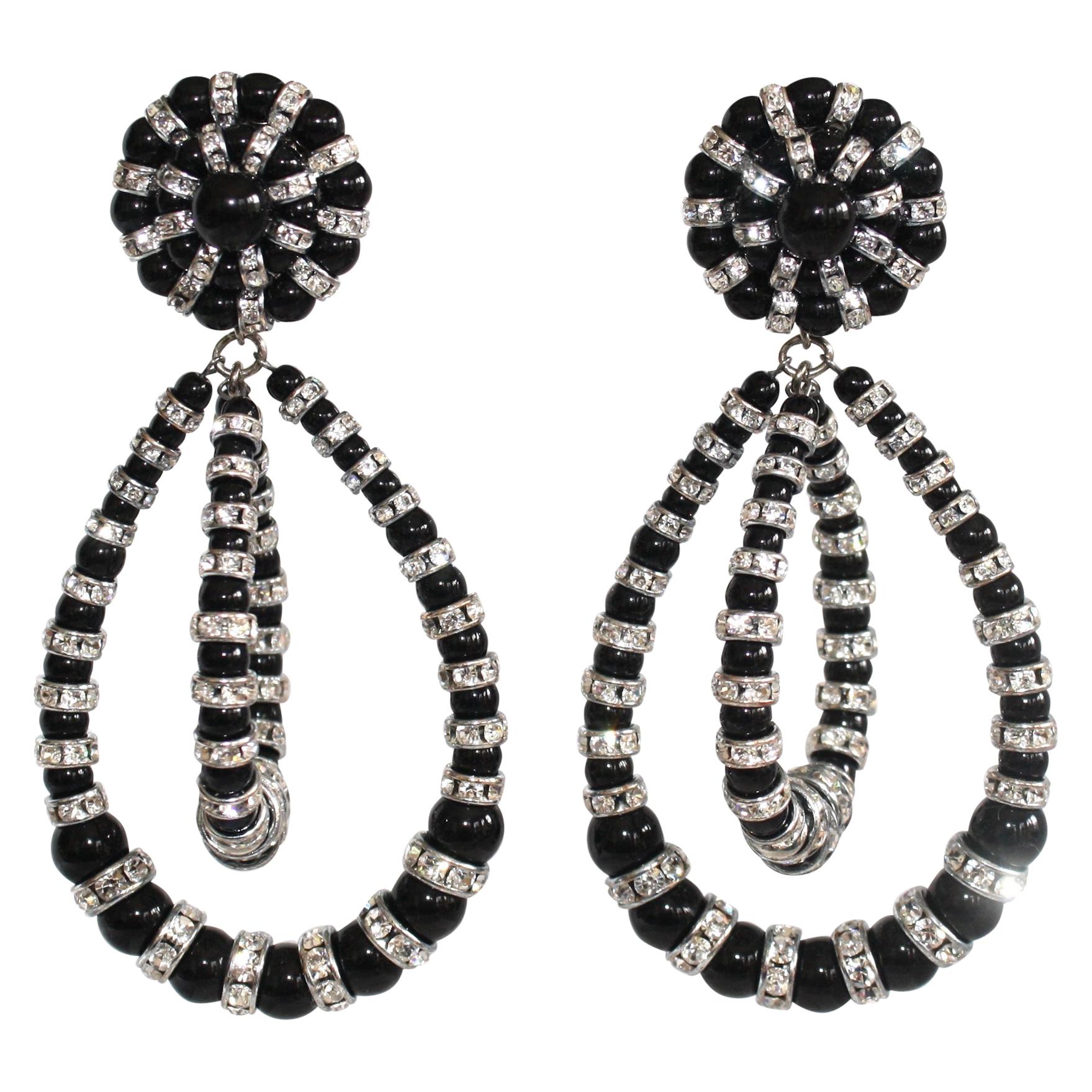Francoise Montague Large Lolita Black and Crystal Clip Earrings