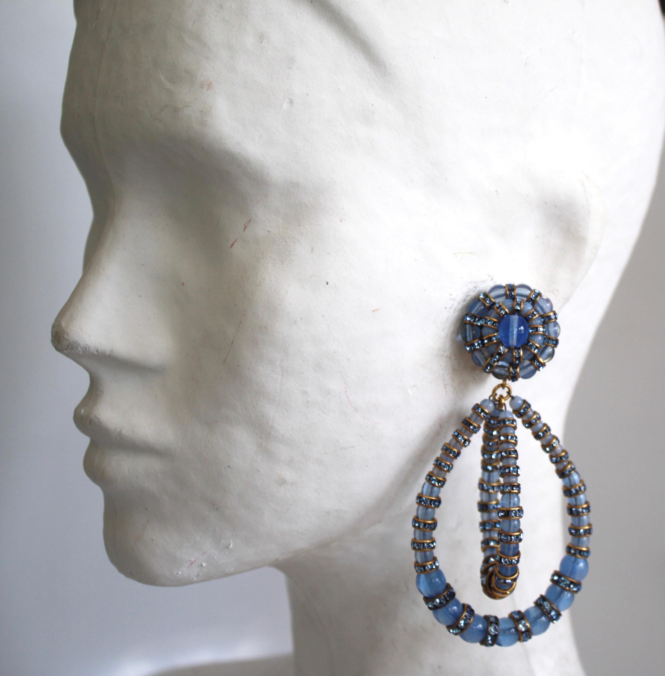 Artist Francoise Montague Large Lolita Blue Glass and Crystal Clip Earrings For Sale
