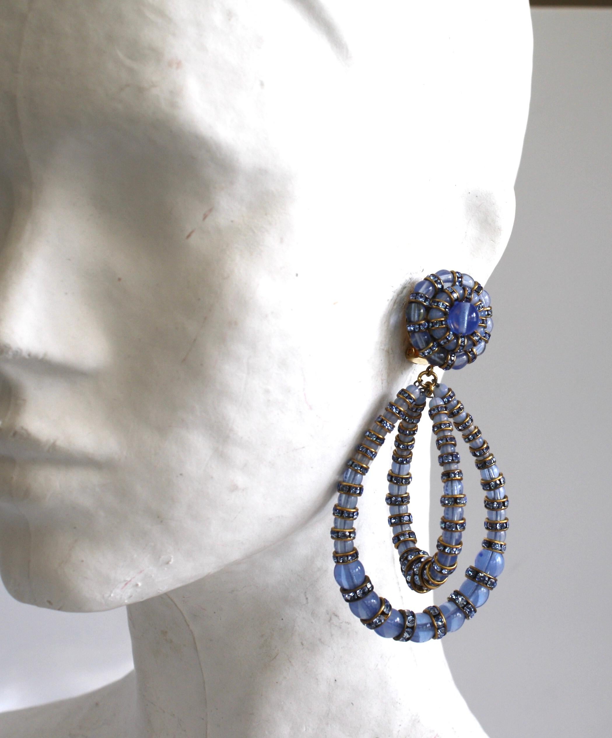 Francoise Montague Large Lolita Blue Glass and Crystal Clip Earrings In New Condition For Sale In Virginia Beach, VA