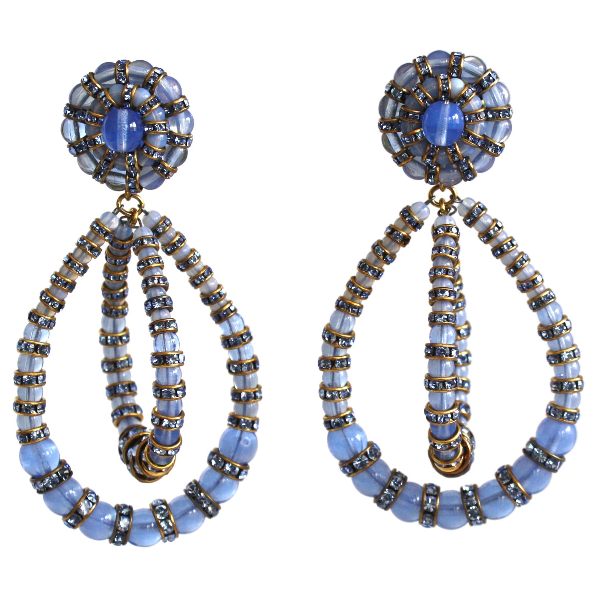 Francoise Montague Large Lolita Blue Glass and Crystal Clip Earrings For Sale