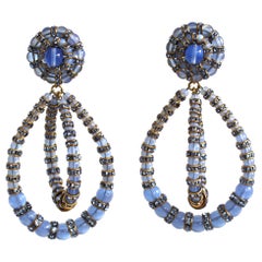 Francoise Montague Large Lolita Blue Glass and Crystal Clip Earrings