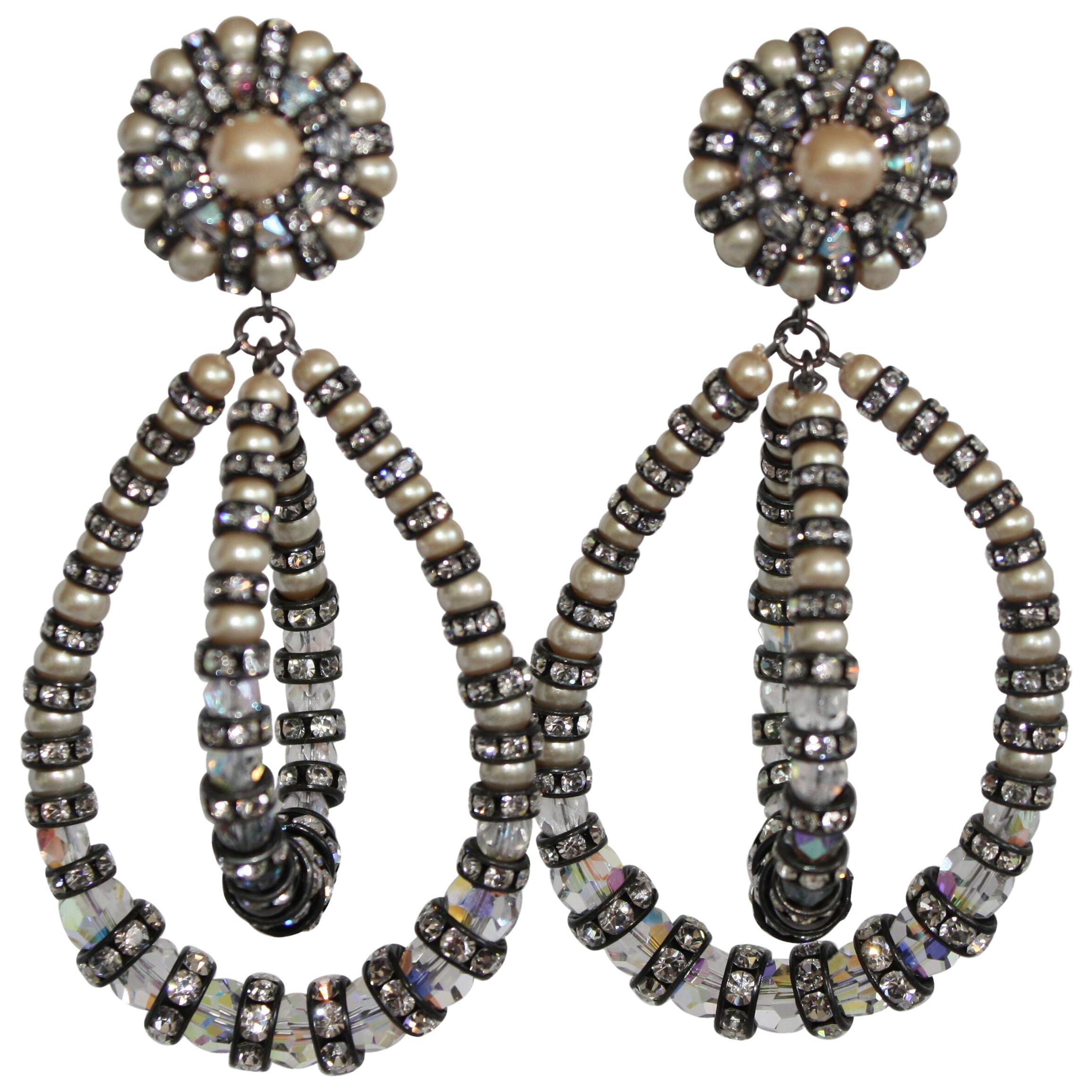 Francoise Montague Large Lolita Pearl and Crystal on Black Metal Clip Earrings