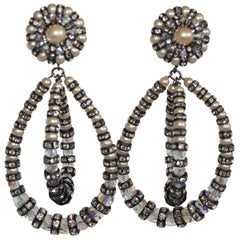 Francoise Montague Large Lolita Pearl and Crystal on Black Metal Clip Earrings