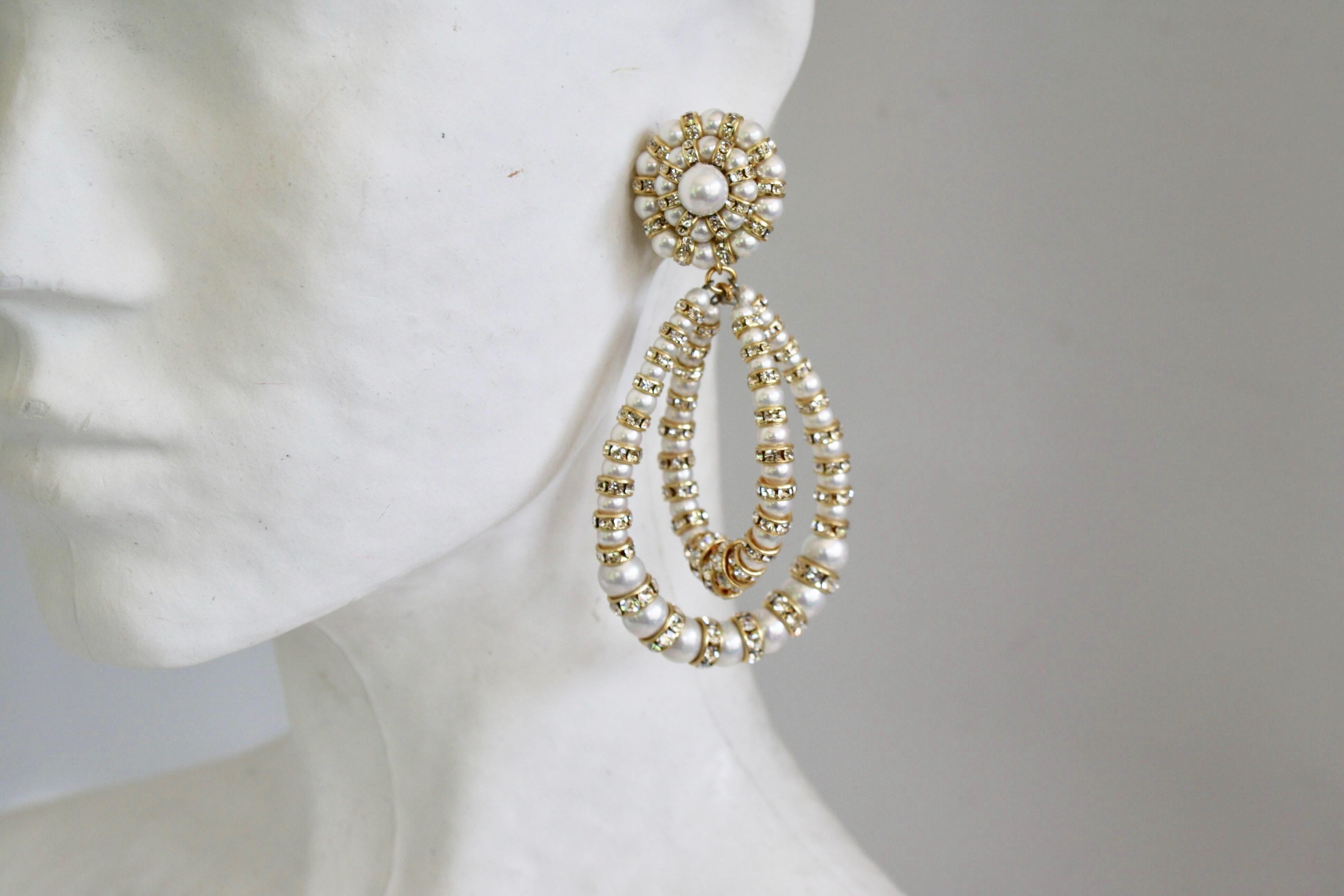 Women's or Men's Francoise Montague Large Lolita Pearl and Crystal on Gold Clip Earrings