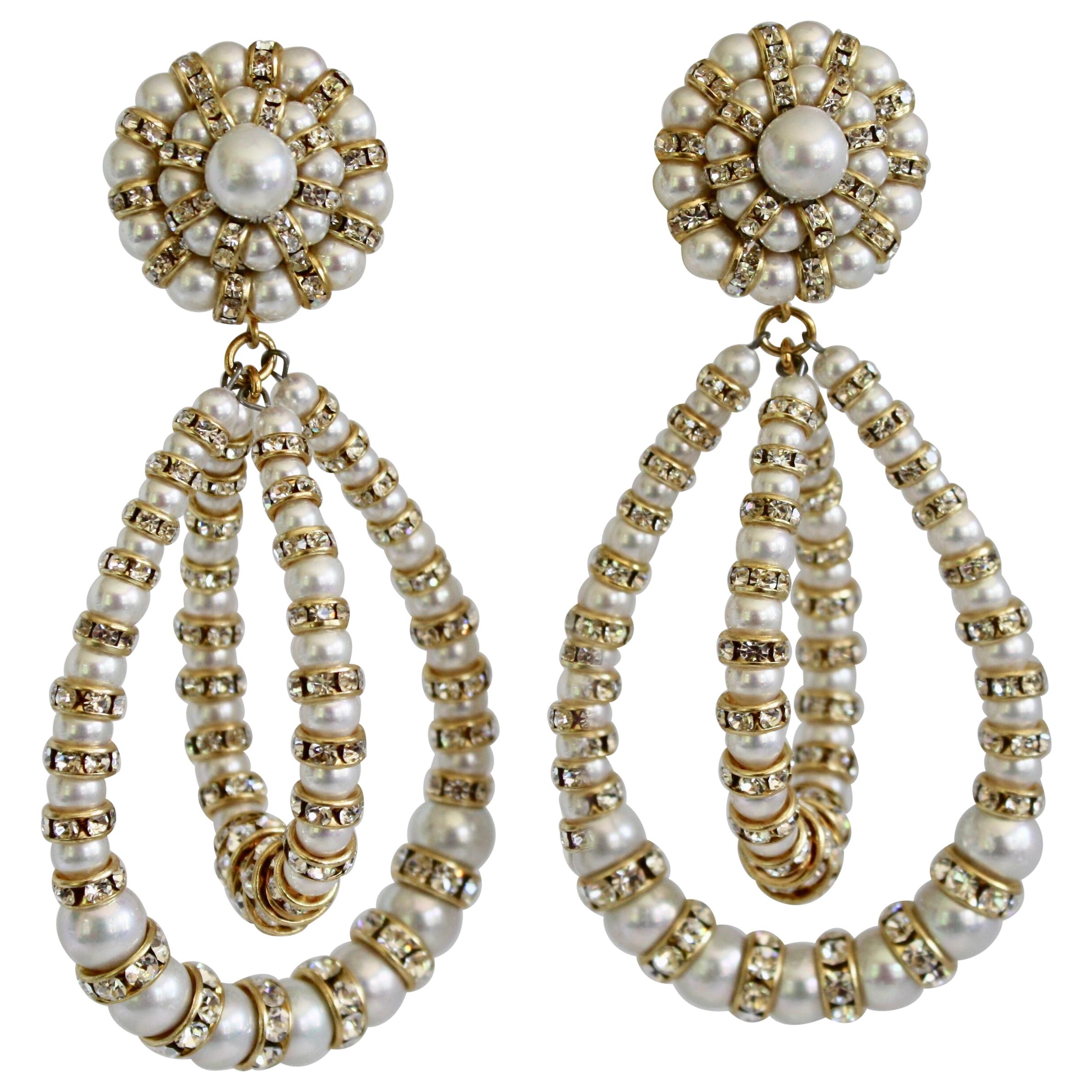 Francoise Montague Large Lolita Pearl and Crystal on Gold Clip Earrings