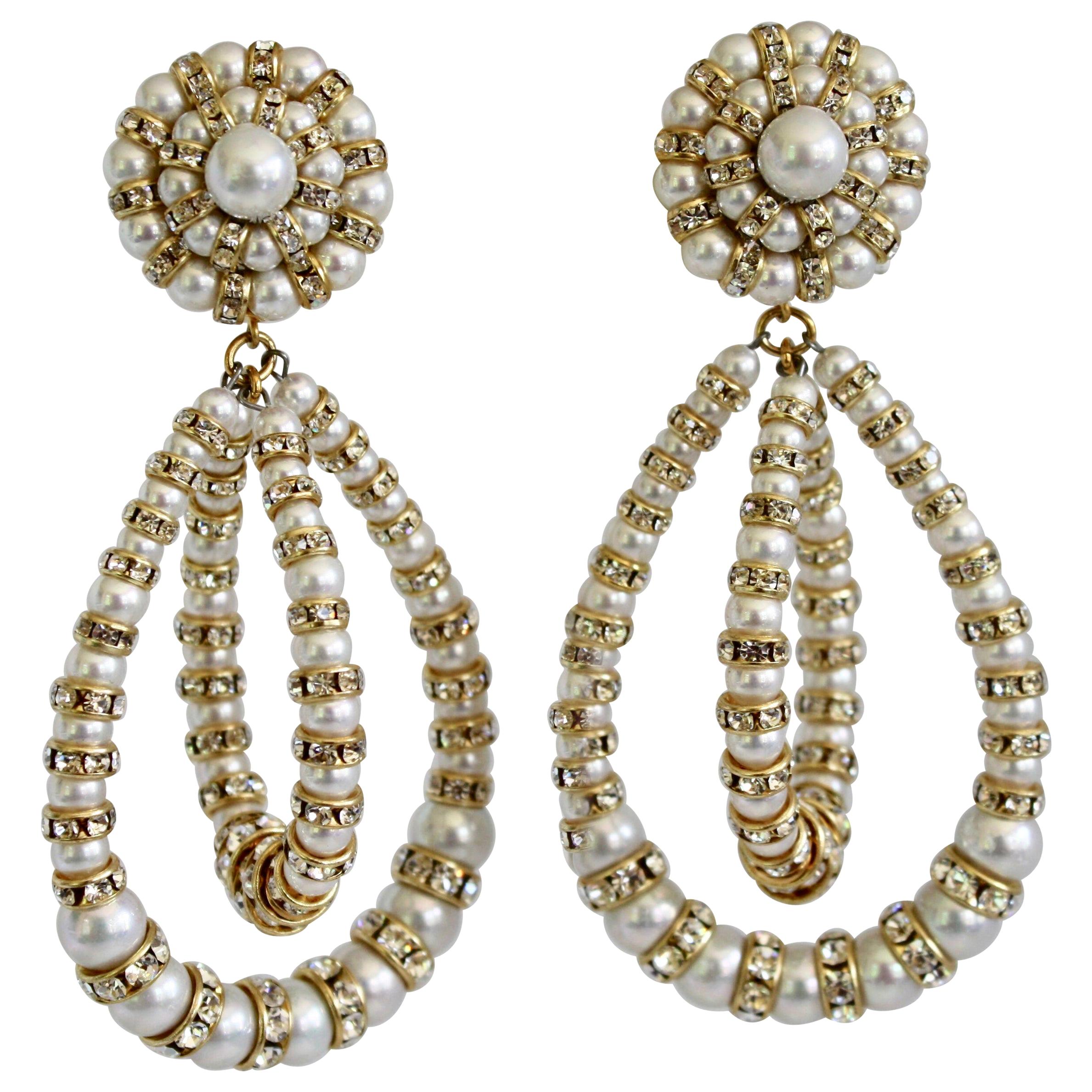 Francoise Montague Large Lolita Pearl and Crystal on Gold Clip Earrings For Sale