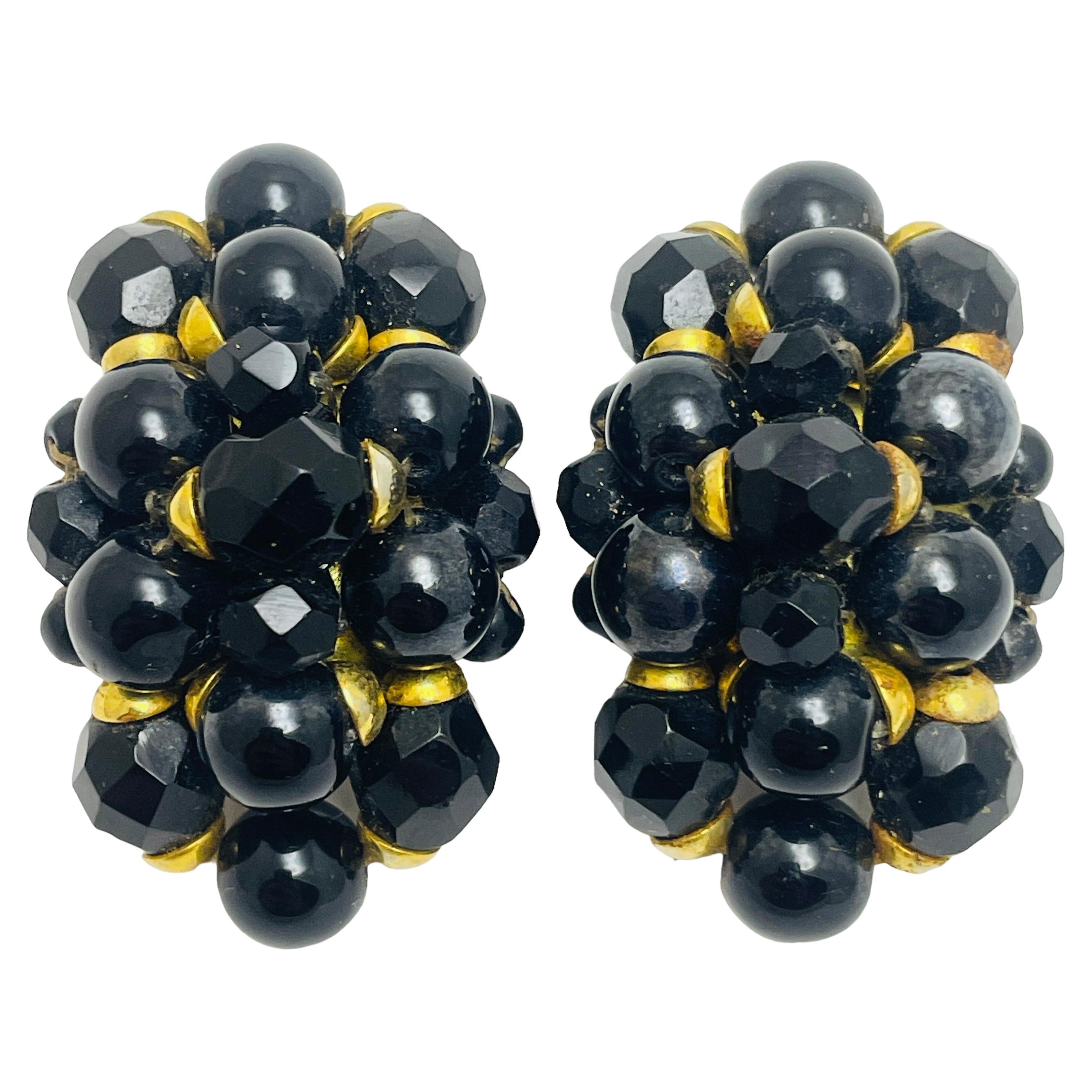 FRANCOISE MONTAGUE made in France gold beaded glass designer clip on earrings