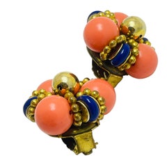 FRANCOISE MONTAGUE made in France pendientes de oro coral lapislázuli de diseño con clip