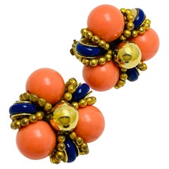 FRANCOISE MONTAGUE made in France pendientes de oro coral lapislázuli de diseño con clip