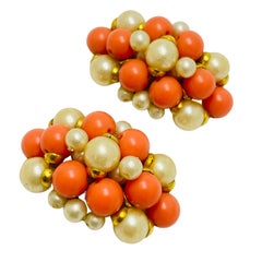 FRANCOISE MONTAGUE made in France gold coral pearl designer clip on earrings