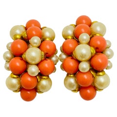 FRANCOISE MONTAGUE made in France pendientes de oro, coral y perlas de diseño con clip