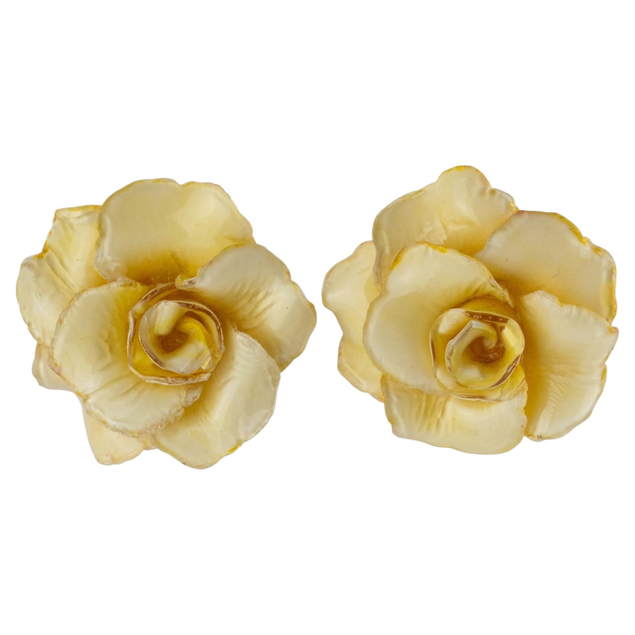 Francoise Montague Pale Yellow Roses Resin Clip Earrings