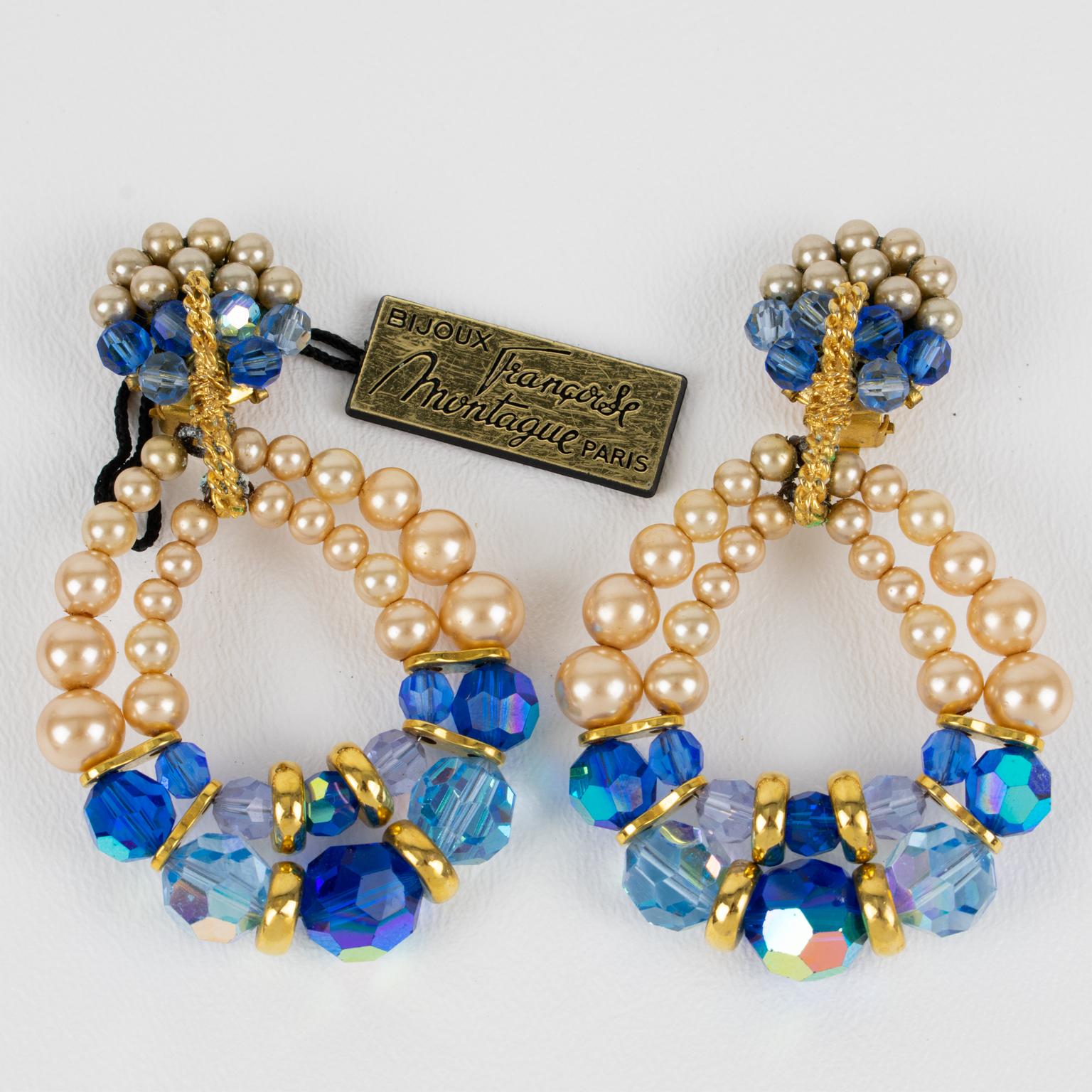 Francoise Montague Paris Blaue Kristall- und Perlen-Ohrclips (Moderne) im Angebot