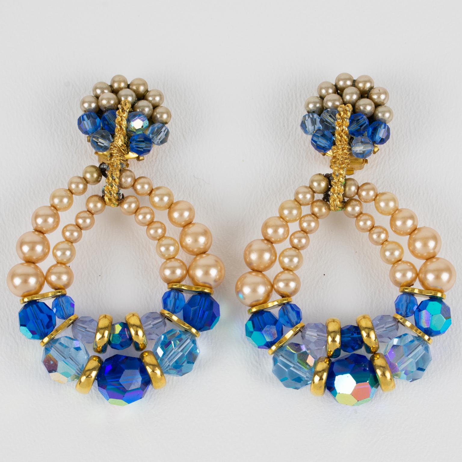 Francoise Montague Paris Blue Crystal and Pearls Dangle Clip Earrings In Excellent Condition For Sale In Atlanta, GA