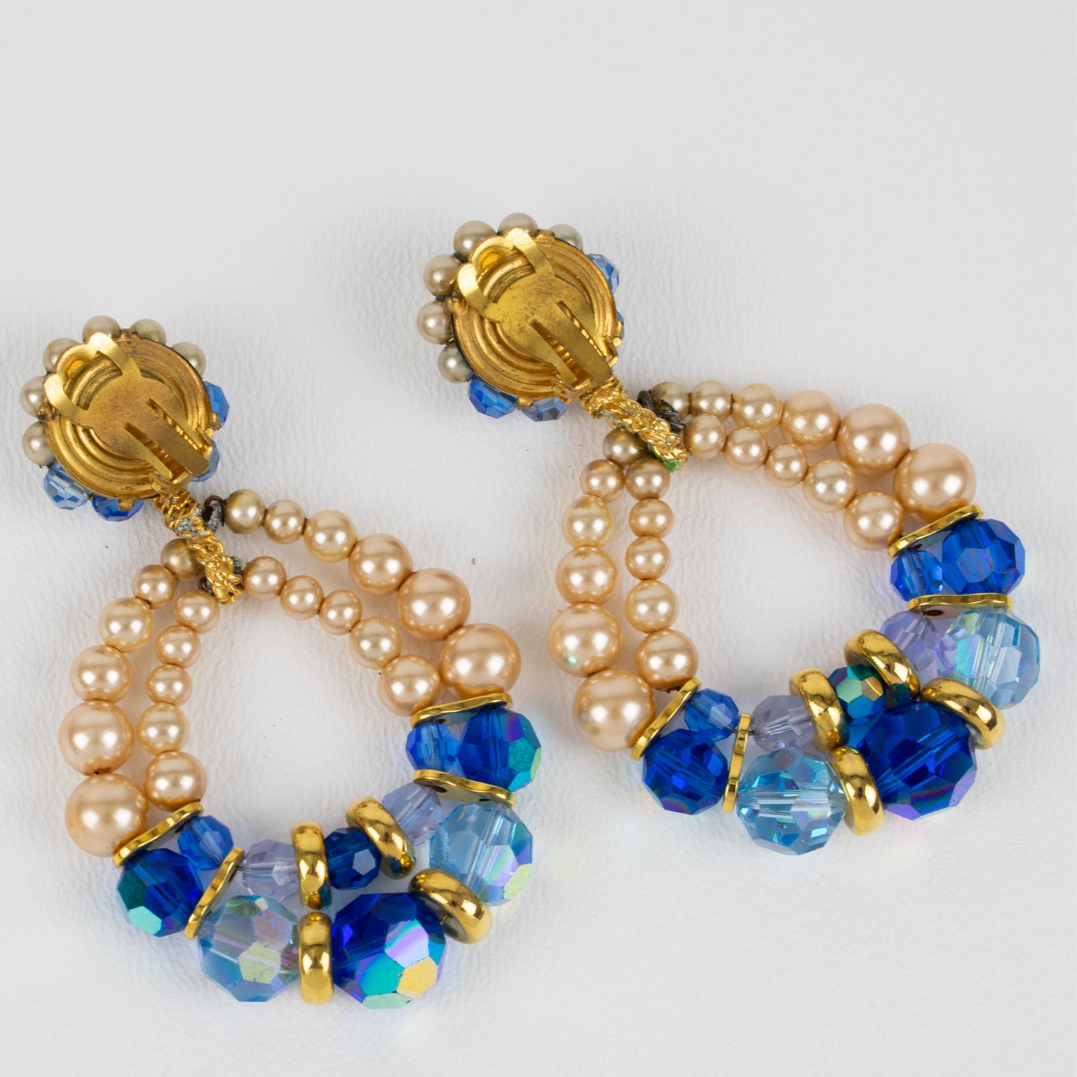 Women's or Men's Francoise Montague Paris Blue Crystal and Pearls Dangle Clip Earrings For Sale