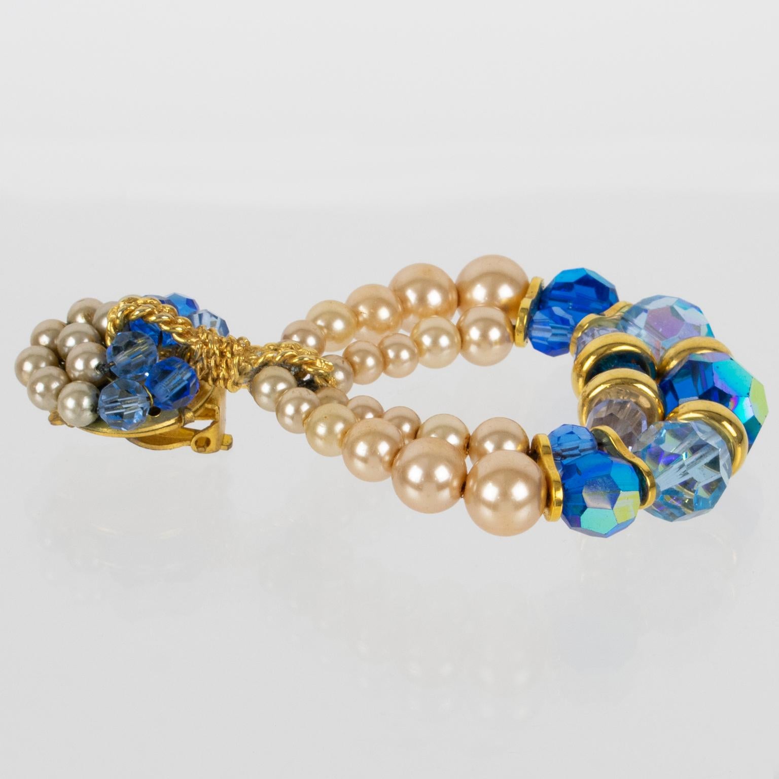 Francoise Montague Paris Blaue Kristall- und Perlen-Ohrclips im Angebot 1