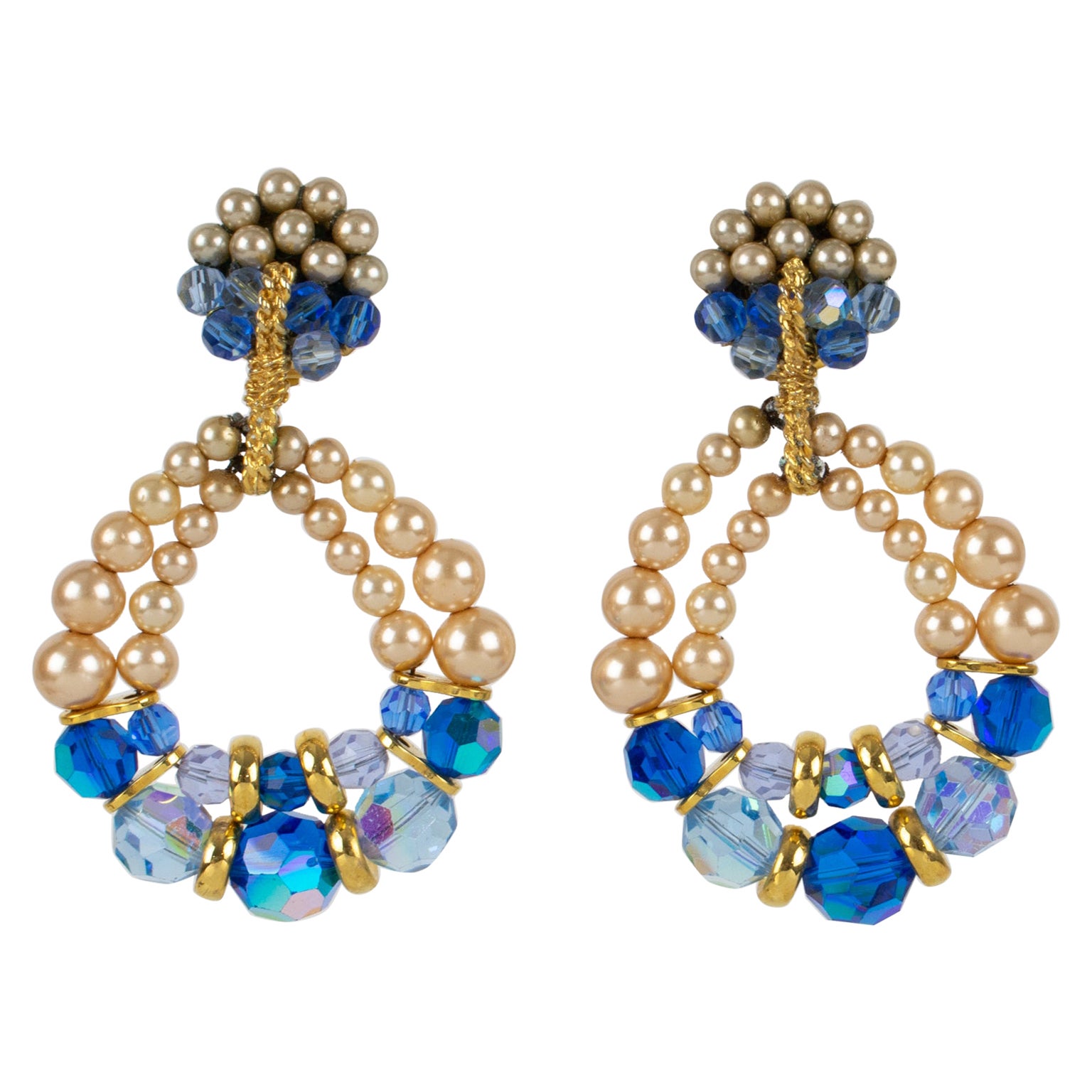 Francoise Montague Paris Blue Crystal and Pearls Dangle Clip Earrings For Sale