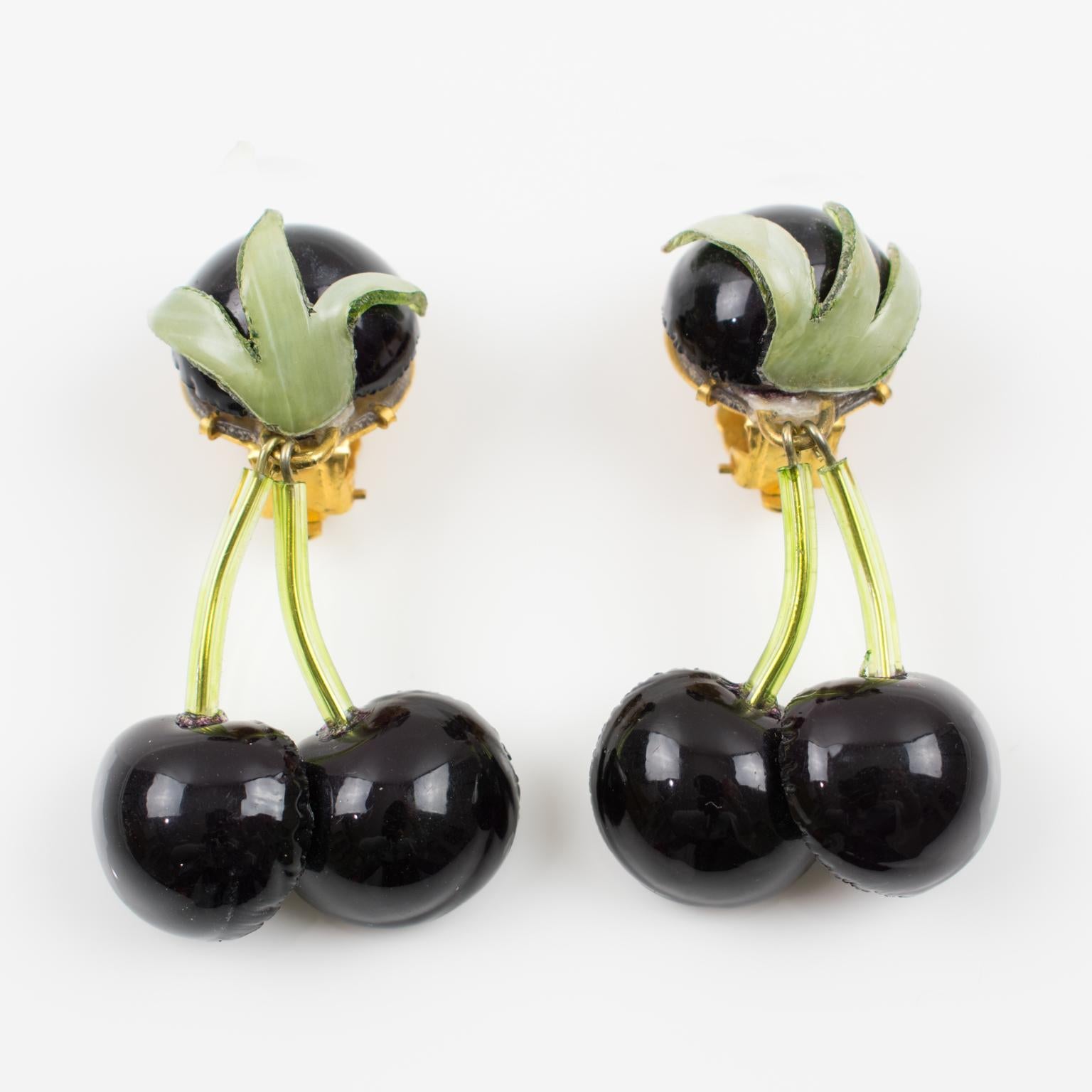 Romantic Francoise Montague Paris by Cilea Clip Earrings Black Resin Cherries For Sale