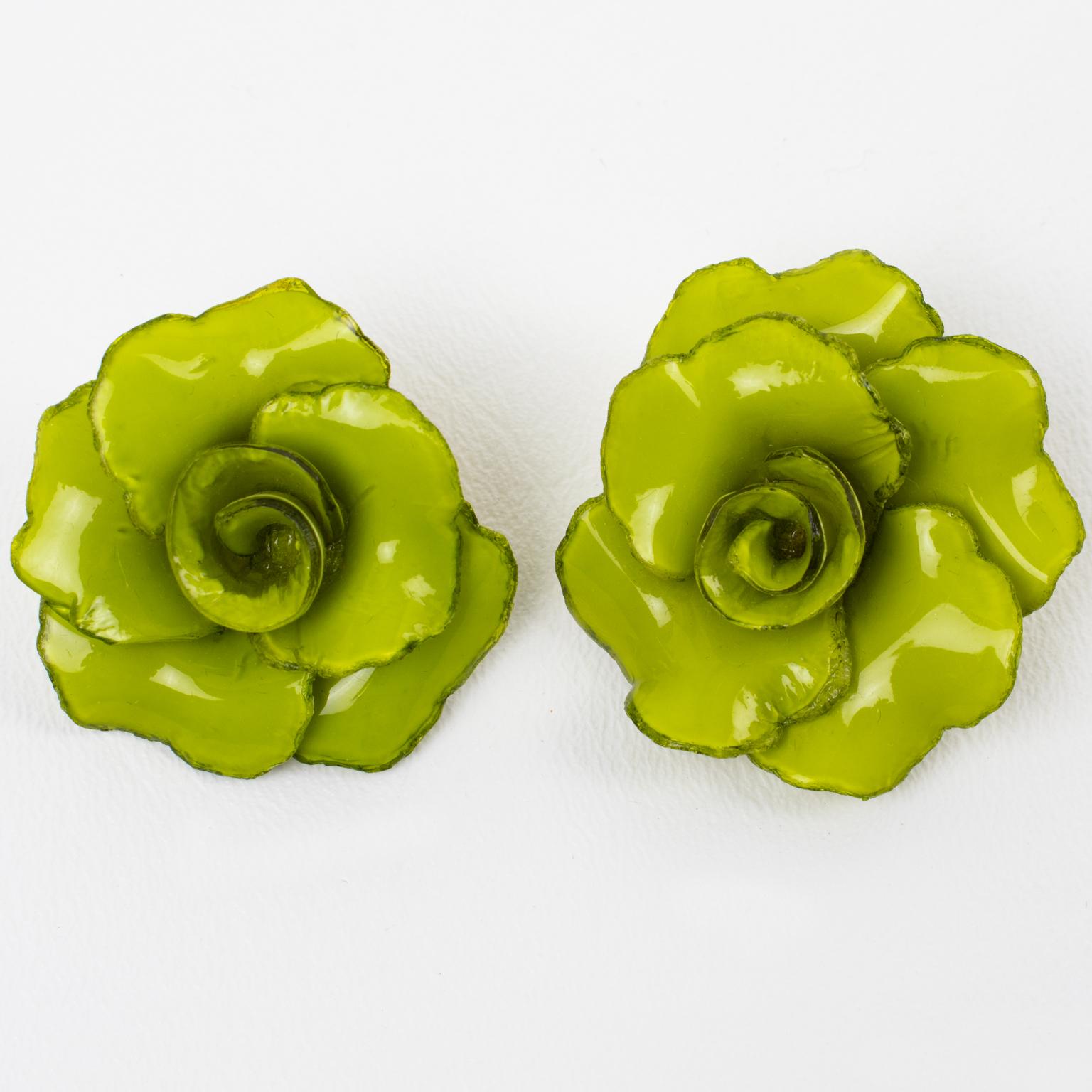 Modern Francoise Montague Paris by Cilea Clip Earrings Resin Avocado Green Rose For Sale