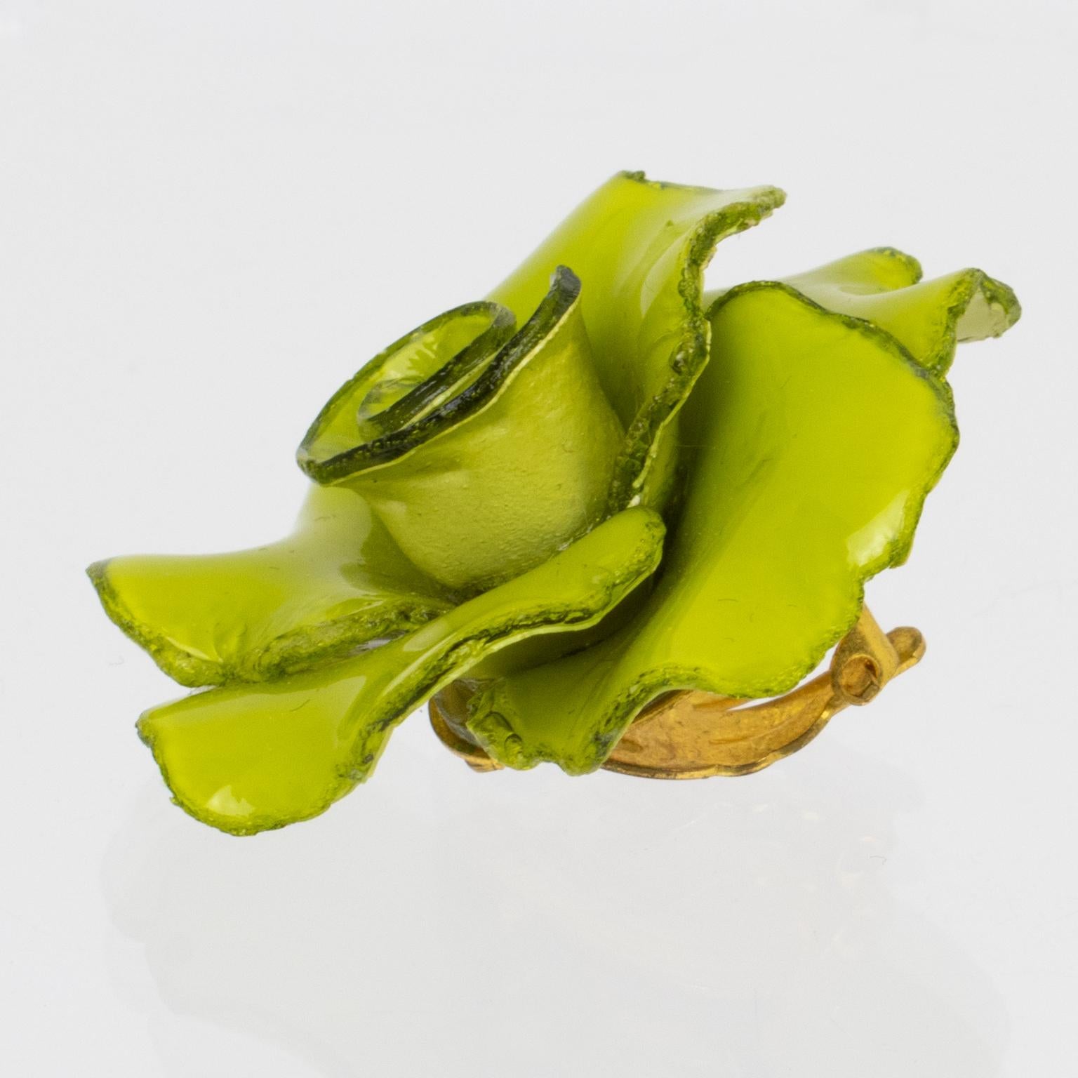Women's Francoise Montague Paris by Cilea Clip Earrings Resin Avocado Green Rose For Sale