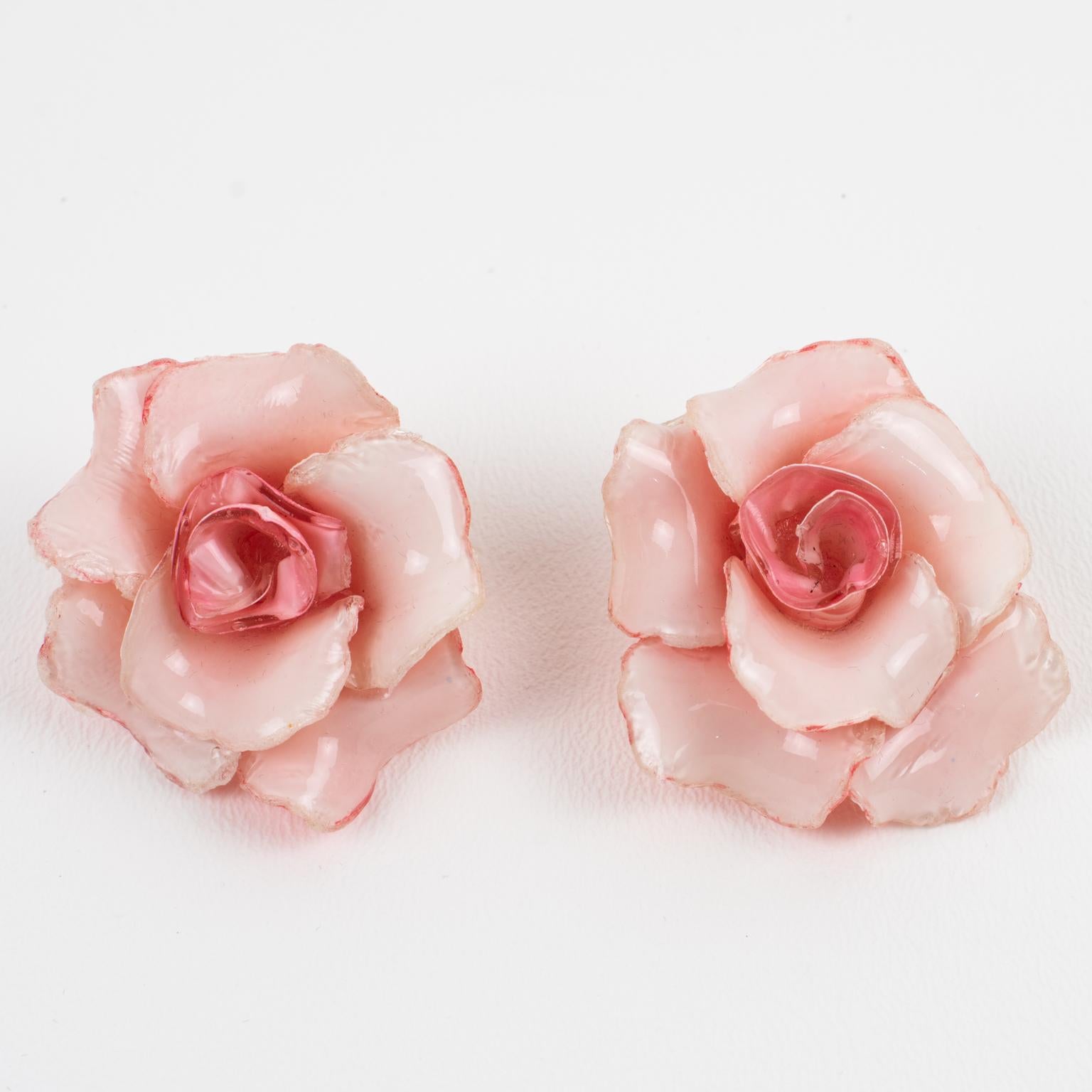 Modern Francoise Montague Paris by Cilea Clip Earrings Resin Pink Rose For Sale