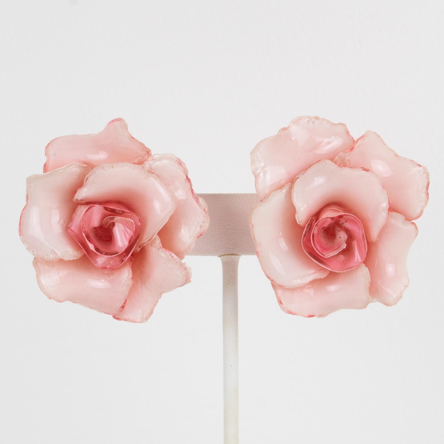 Francoise Montague Paris by Cilea Clip Earrings Resin Pink Rose For Sale 1