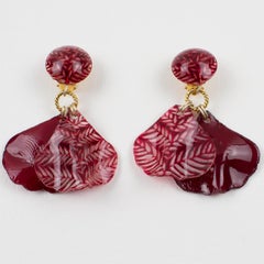 Francoise Montague Paris Clip Earrings Dangle Burgundy Petals Resin
