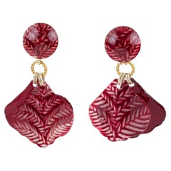 Francoise Montague Paris Clip Earrings Dangle Burgundy Petals Resin