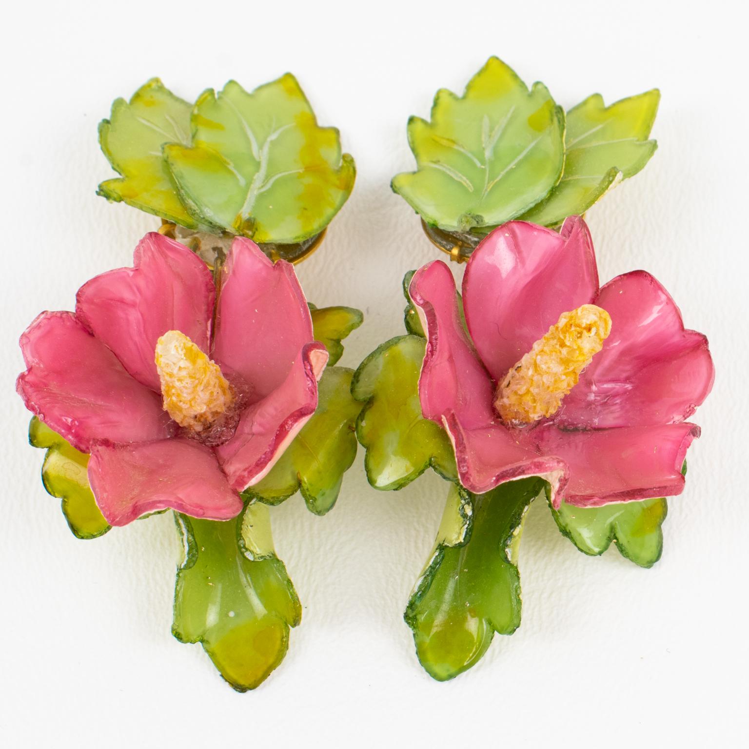 Romantic Francoise Montague Paris Clip Earrings Resin Hibiscus Flower For Sale