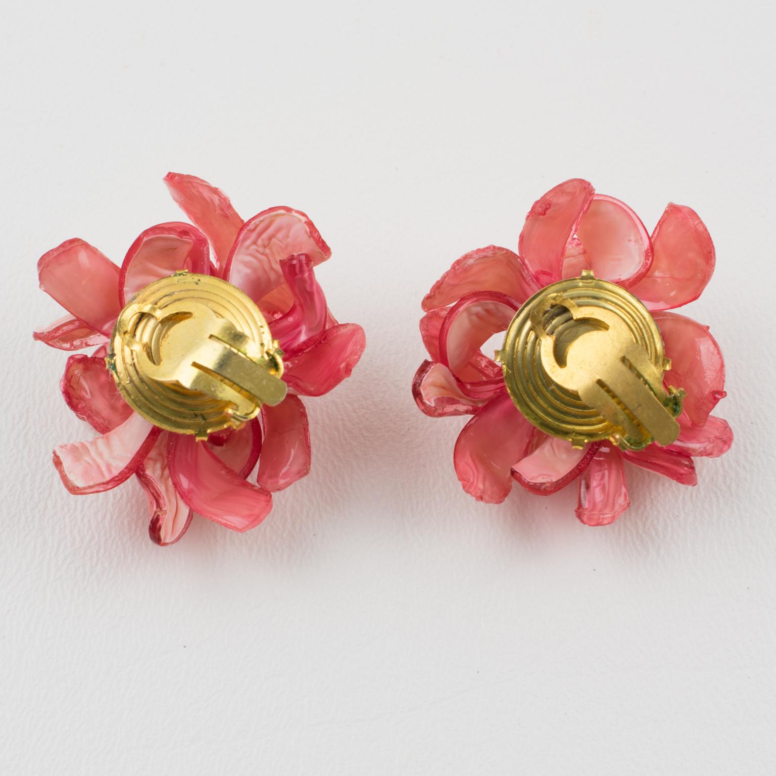 Francoise Montague Paris Clip Earrings Resin Pink Rose In Excellent Condition In Atlanta, GA