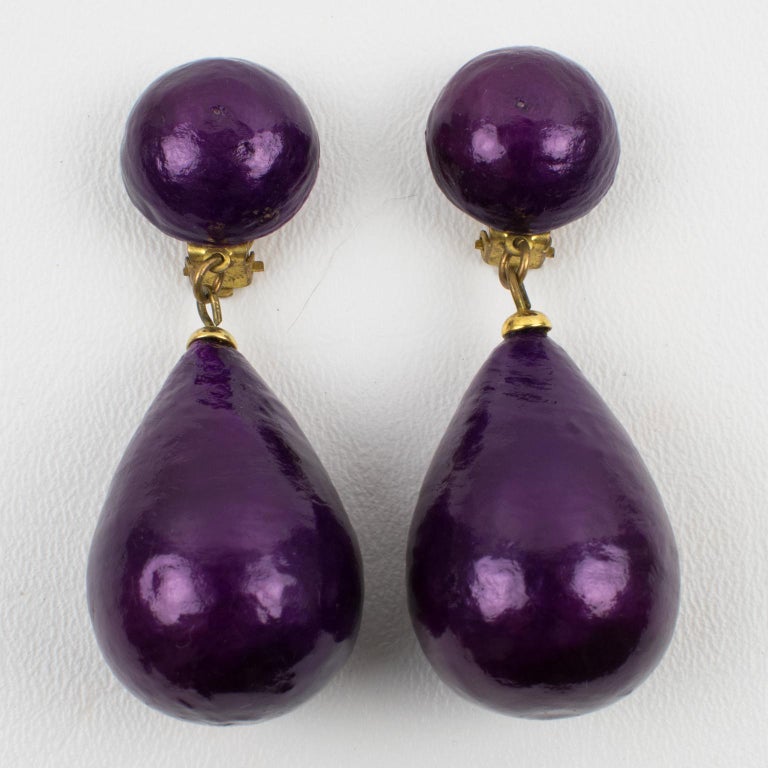 Modern Francoise Montague Paris Dangle Clip Earrings Pearlized Purple Resin For Sale