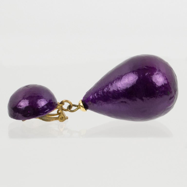 Women's or Men's Francoise Montague Paris Dangle Clip Earrings Pearlized Purple Resin For Sale