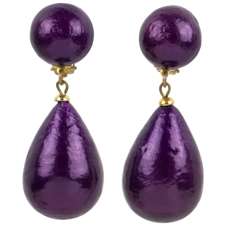 Francoise Montague Paris Dangle Clip Earrings Pearlized Purple Resin For Sale
