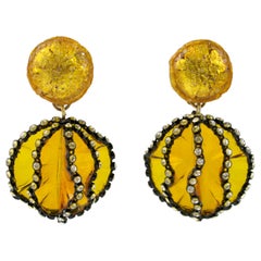 Francoise Montague Paris Dangle Clip Earrings Yellow Flower Resin