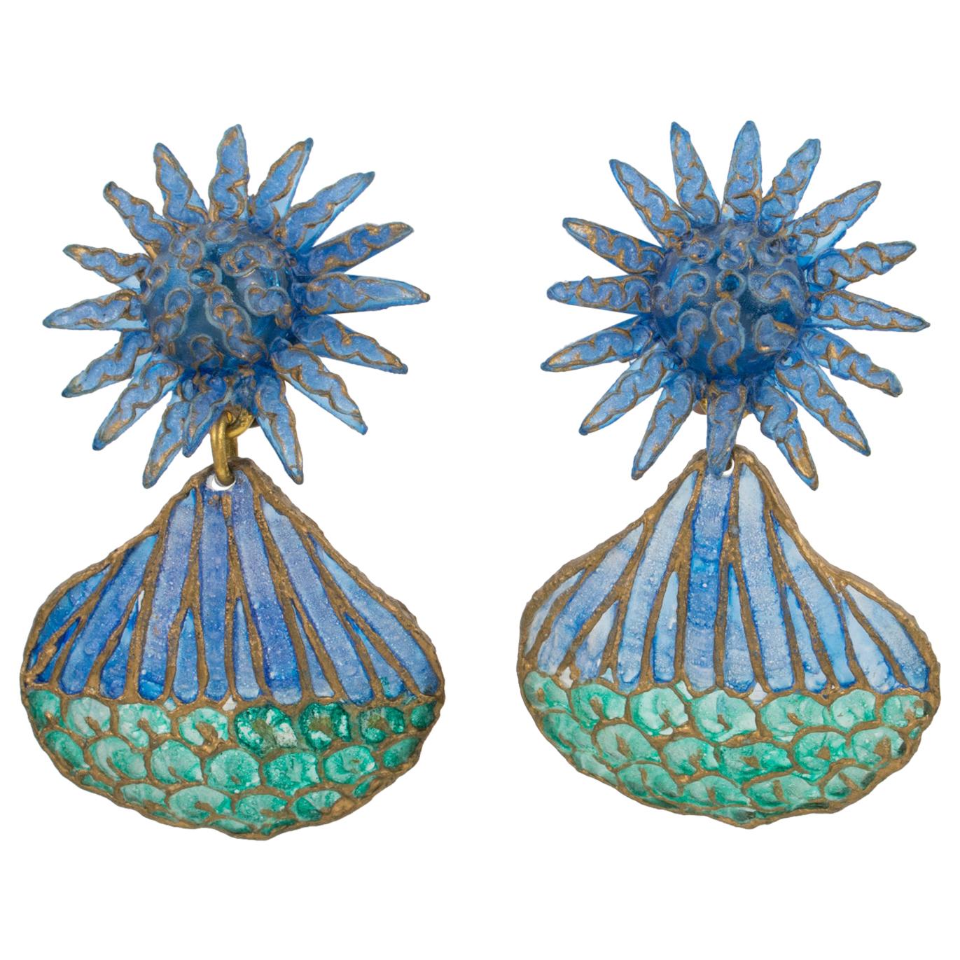 Francoise Montague Paris Dangle Resin Clip Earrings Blue Turquoise Flower