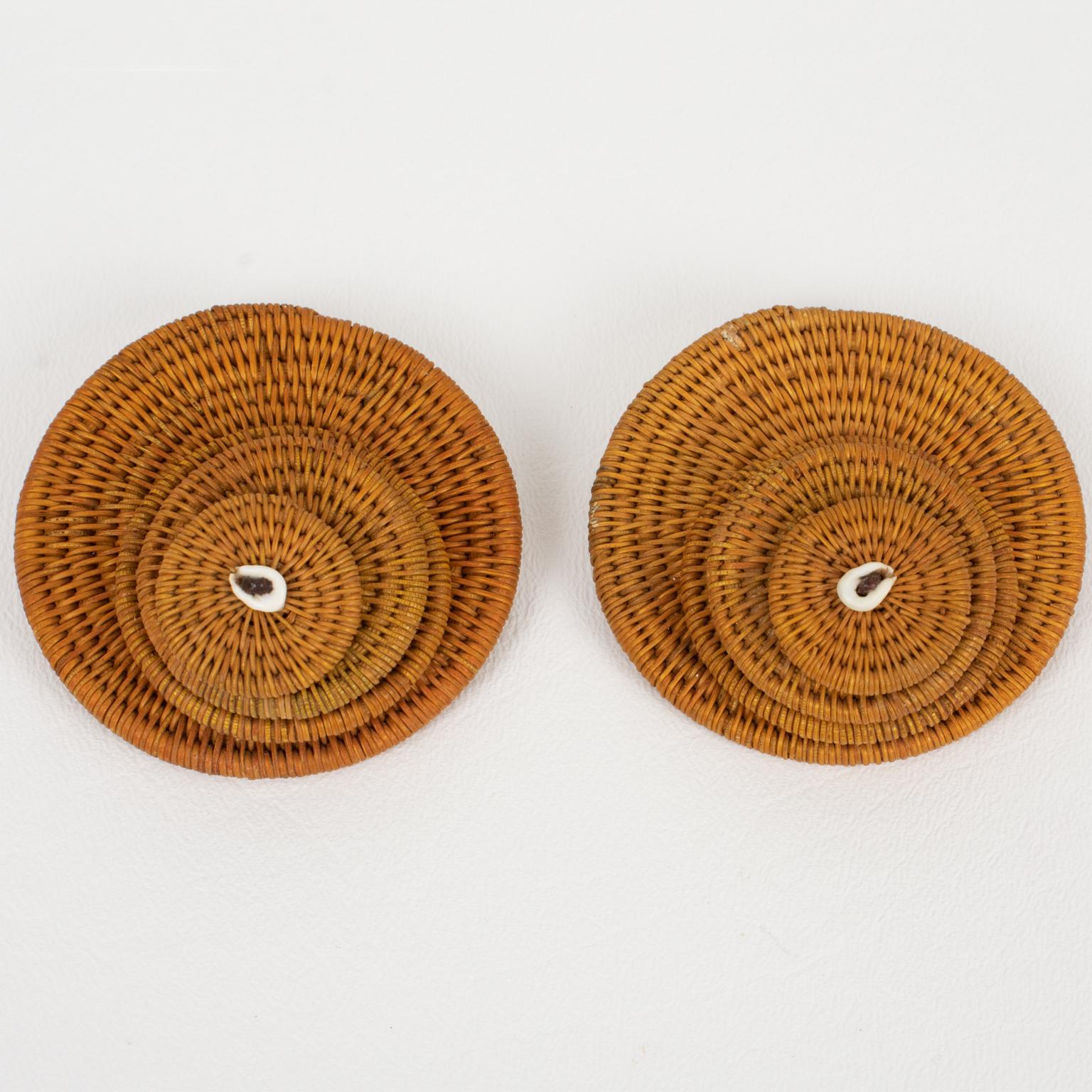 Modern Francoise Montague Paris Rattan Wicker Clip Earrings, 1960s For Sale