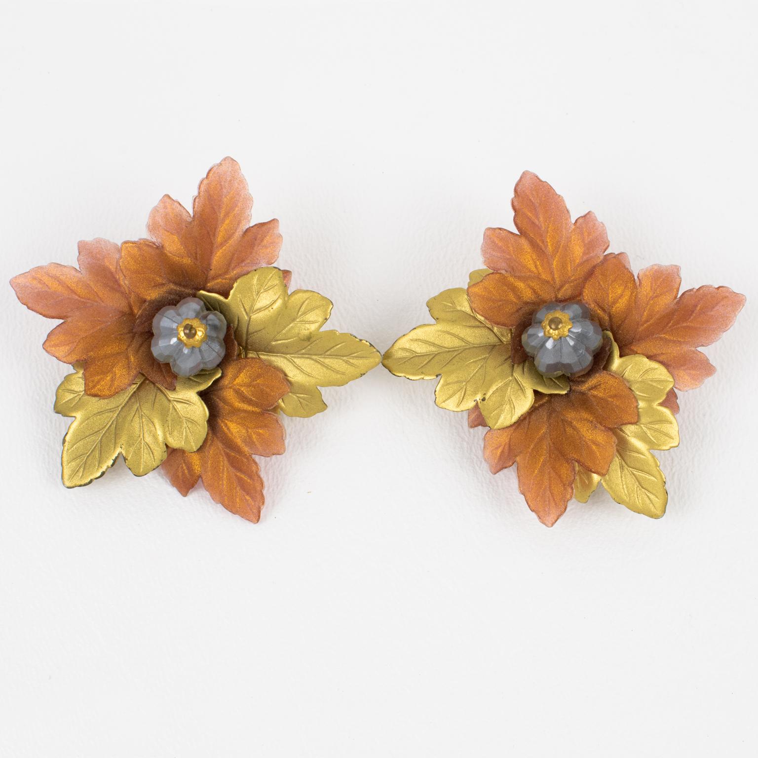 Modern Francoise Montague Paris Resin Clip Earrings Copper and Gold Leaves For Sale