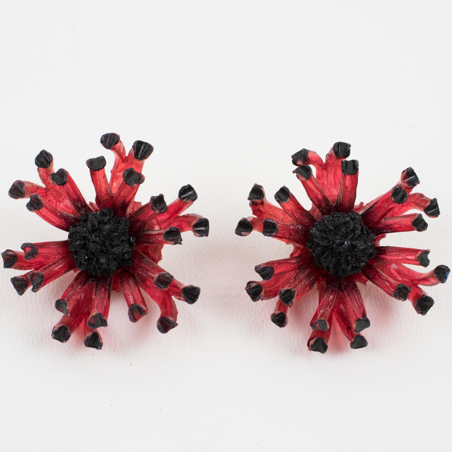 Modern Francoise Montague Paris Resin Clip Earrings Red Anemone Flower For Sale