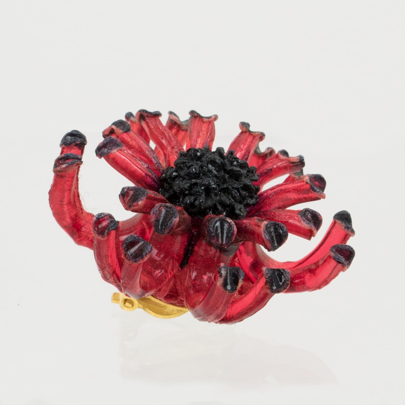 Women's Francoise Montague Paris Resin Clip Earrings Red Anemone Flower For Sale