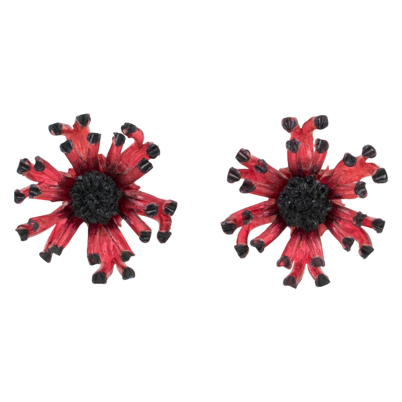Francoise Montague Paris Resin Clip Earrings Red Anemone Flower For Sale