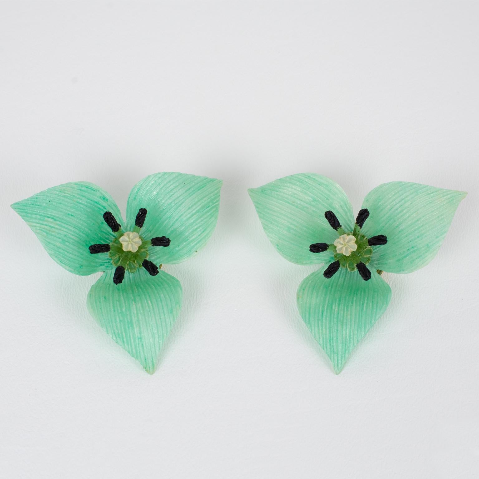 Modern Francoise Montague Paris Resin Clip Earrings Turquoise Flower For Sale