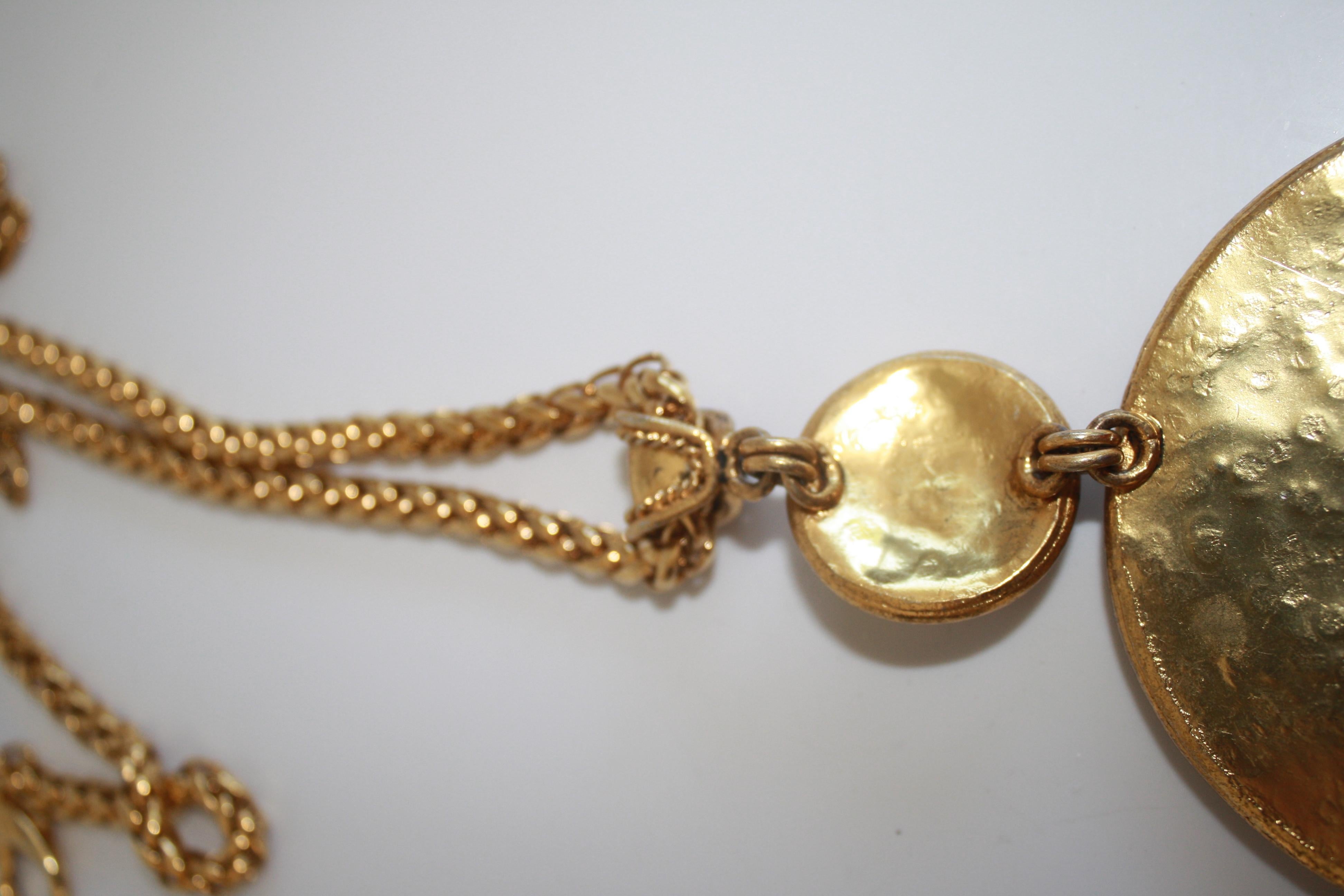 Pendant necklace - oversized in gilded brass with pate de verre glass detailing from Francoise Montague. Pendant is 6