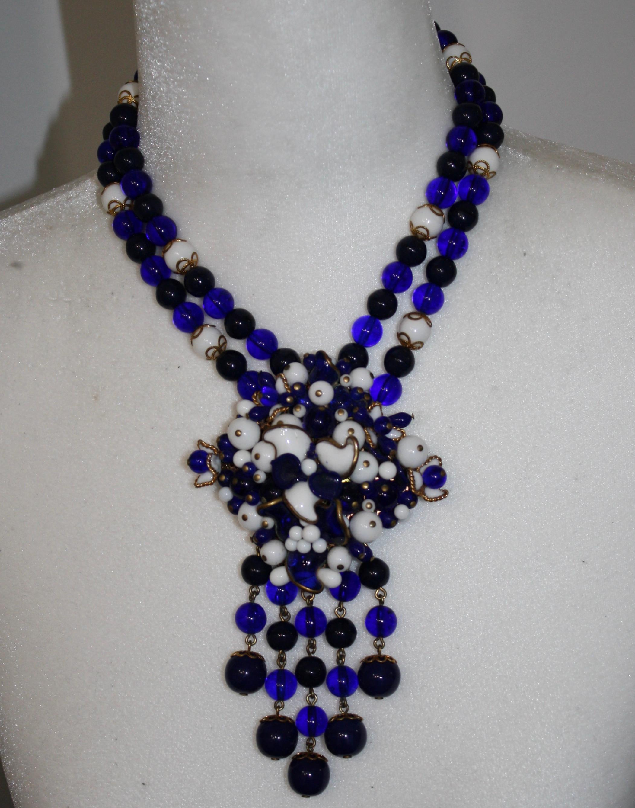 Francoise Montague Pate de Verre Navy and White Benny Necklace In New Condition In Virginia Beach, VA